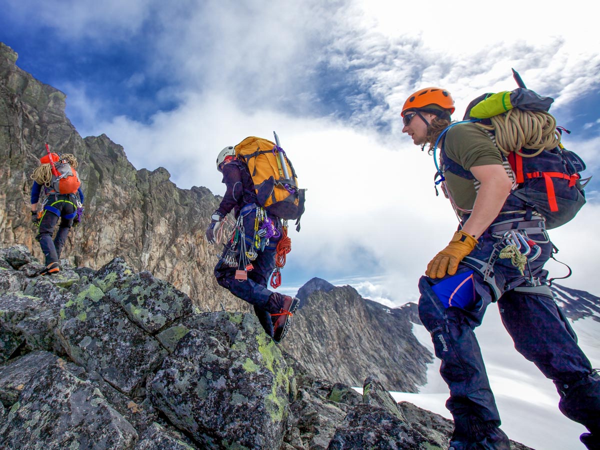 Climbers on a rocky ridge in Jotunheimen